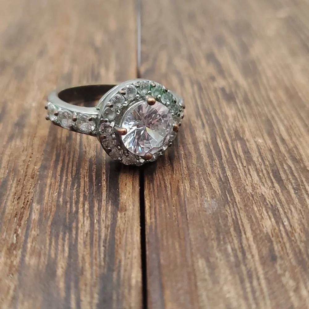 Silver over brass antique wedding band halo crystal size 6‎ R519